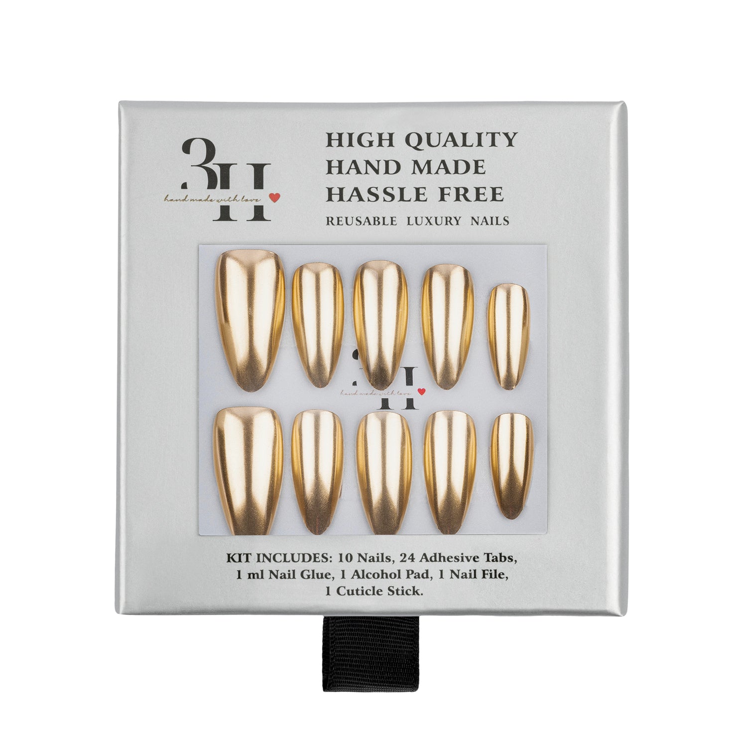 A 10-piece press-on nail kit in its original packaging, featuring metallic gold almond-shaped nails with matching gold adhesive tabs. The packaging is white with black text and a clear window displaying the nails.