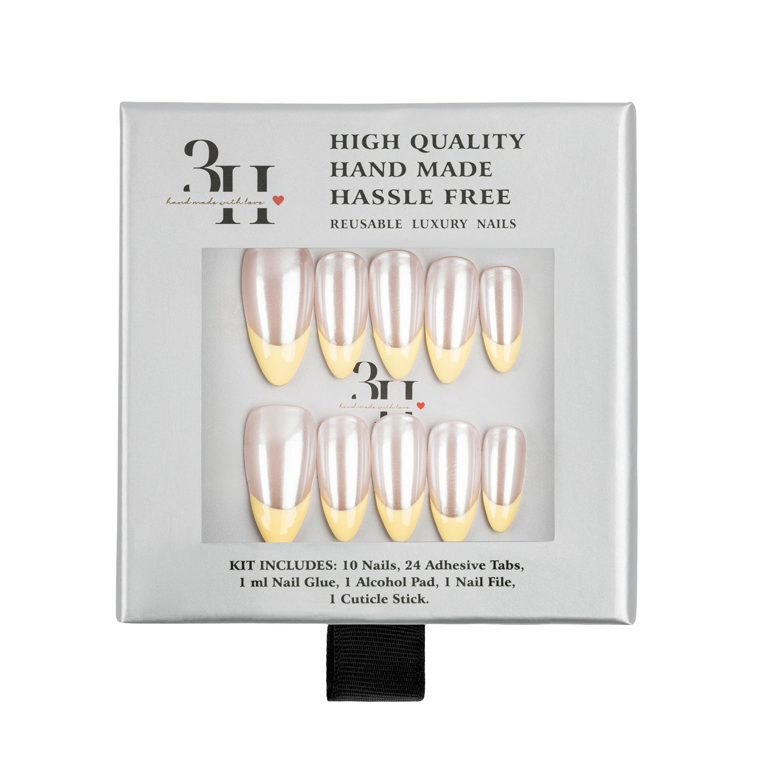 A 10-piece set of reusable press-on nails in a silver-gray retail box. The nails have a pearlescent, metallic champagne finish with a pale yellow French tip.