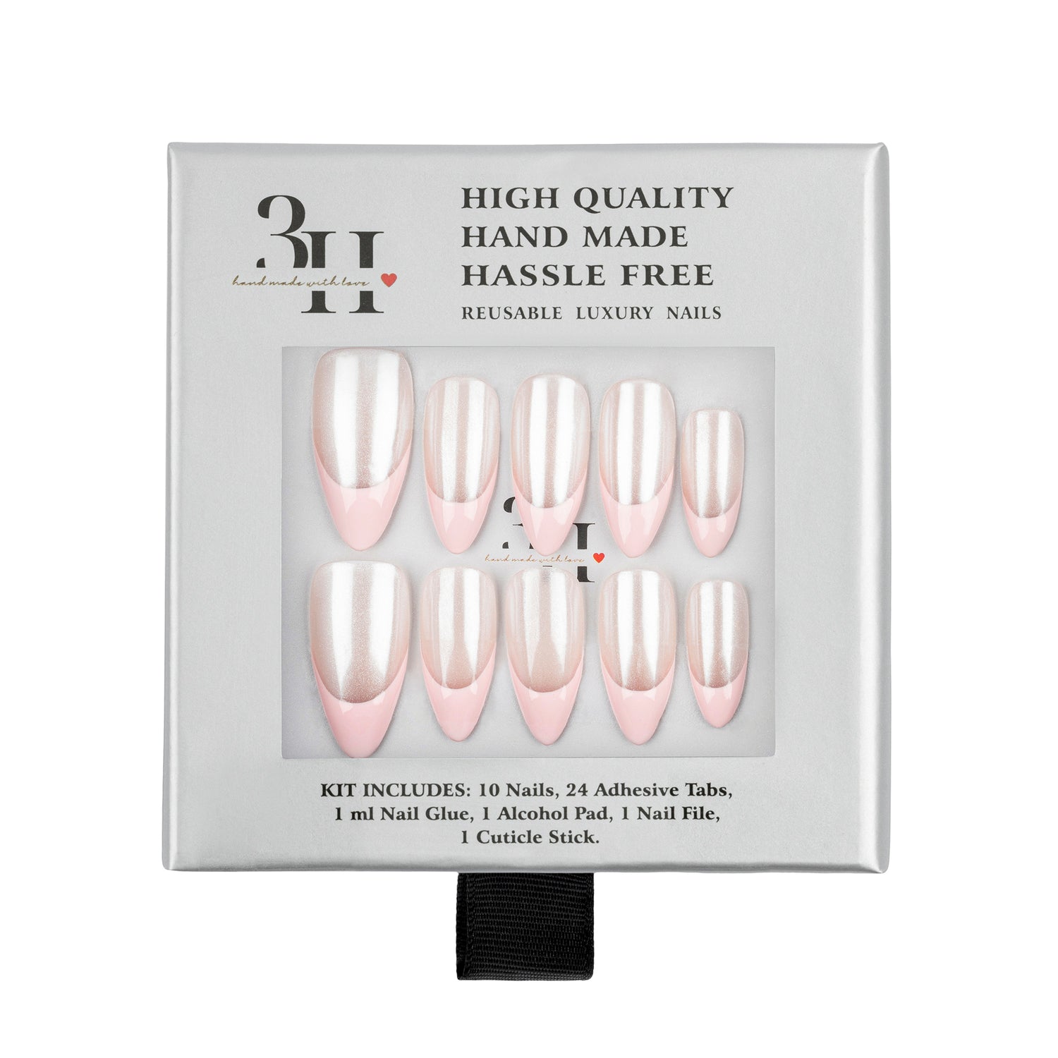 A 10-piece reusable press-on nail kit in its original packaging. The nails have a glossy pale pink base with a pearlescent white top layer, giving them a soft champagne finish.