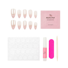 Nail kit with ten false almond-shaped nails in a pale pink and white gradient, a pink packet of gel nail polish, adhesive tabs, a pink nail file, a pink gel polish tube, and a wooden cuticle stick on a white background.