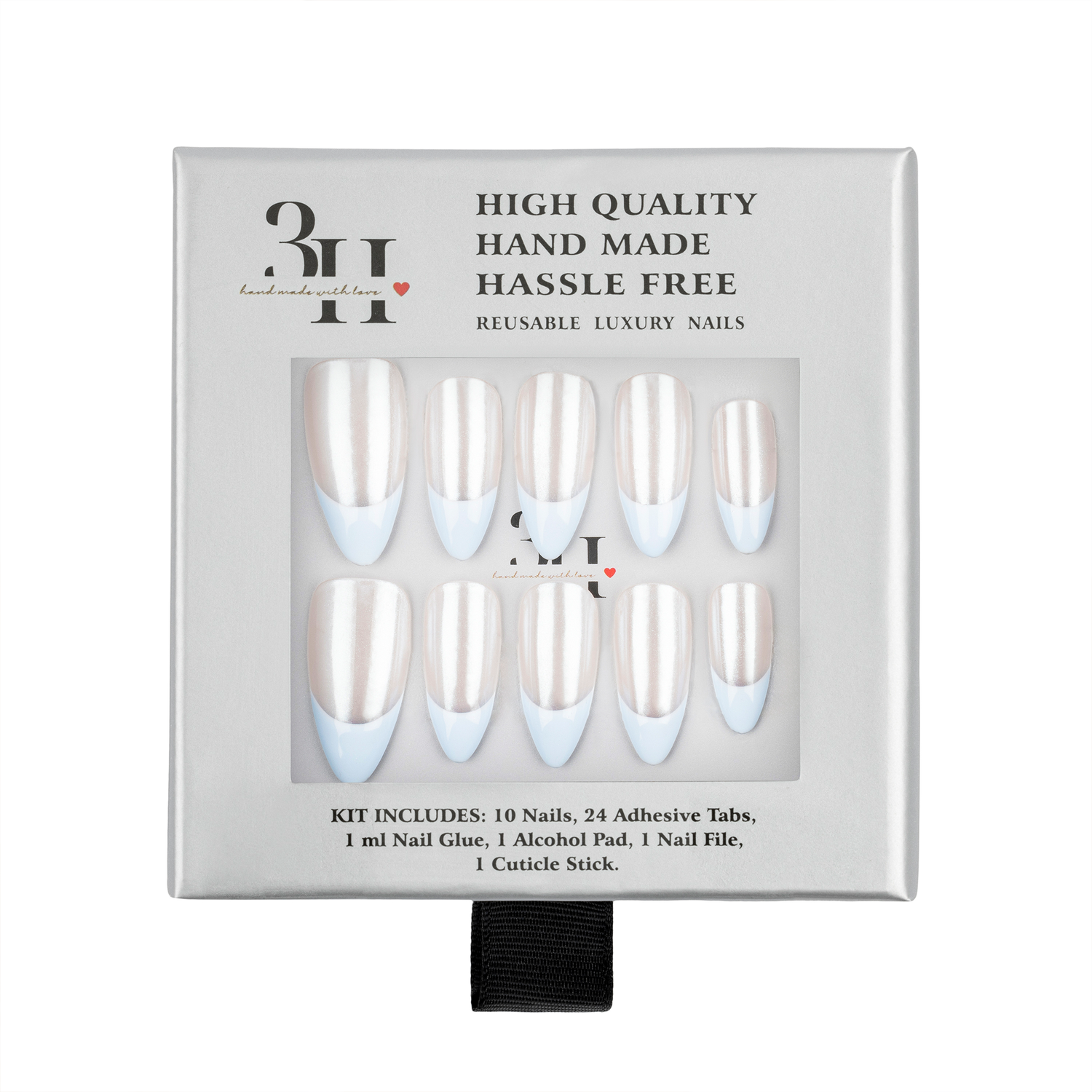 A 10-piece reusable press-on nail kit in its original packaging, featuring glossy white almond-shaped nails with a subtle pearlescent finish. The packaging is a light gray square box with black text and a clear window displaying the nails.