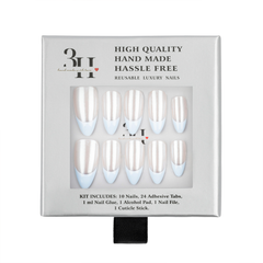 A 10-piece reusable press-on nail kit in its original packaging, featuring glossy white almond-shaped nails with a subtle pearlescent finish. The packaging is a light gray square box with black text and a clear window displaying the nails.