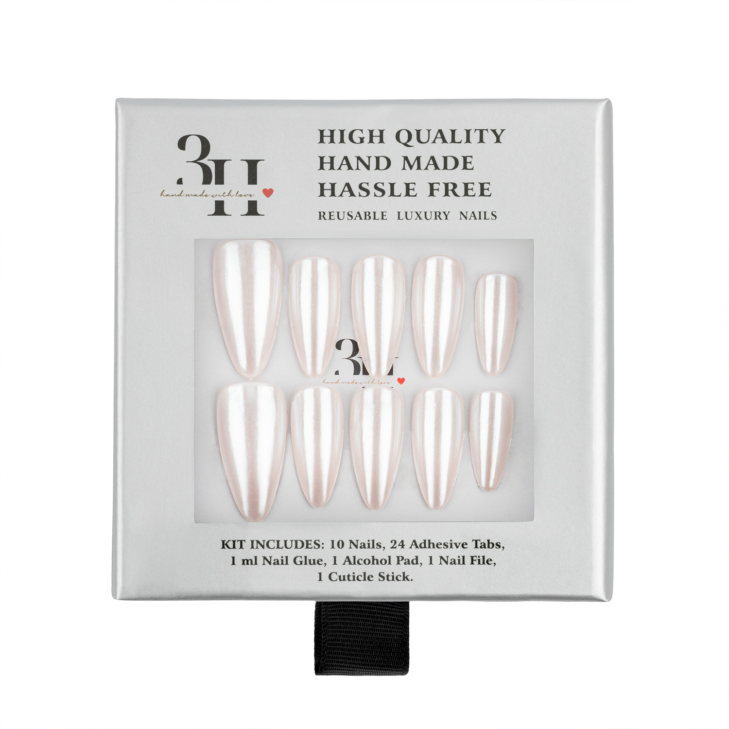 A 3H brand press-on nail kit in its original packaging, featuring 10 glossy, pearlescent almond-shaped nails with 24 adhesive tabs, a nail glue bottle, a cuticle stick, and an alcohol pad visible through a clear window on the front of the gray box.