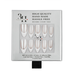A 3H brand press-on nail kit in its original packaging, featuring ten white almond-shaped nails with a subtle champagne-gold shimmer, displayed on a light gray box with product details.