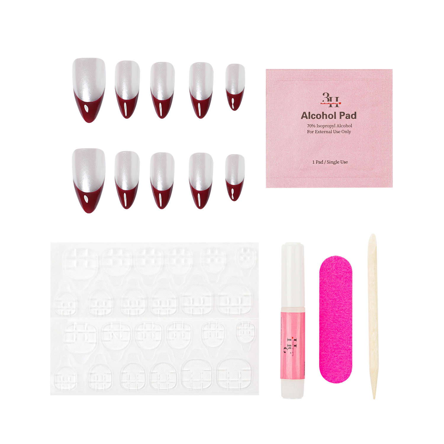 Handcrafted 3H Luxury Handmade Press-on Nails by 3H Nails displayed in the kit, showcasing elegant nail designs and natural finish.