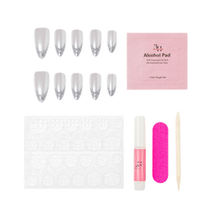 Nail art kit with silver glitter false nails, a pink alcohol pad, a white nail file, a pink nail glue tube, a wooden cuticle stick, and clear adhesive tabs on a white background.