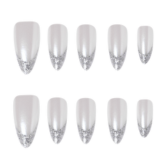 Silver press-on nails from 3H Nails' 3H Luxury Handmade collection, featuring a sleek, shiny silver finish displayed on a neutral background.