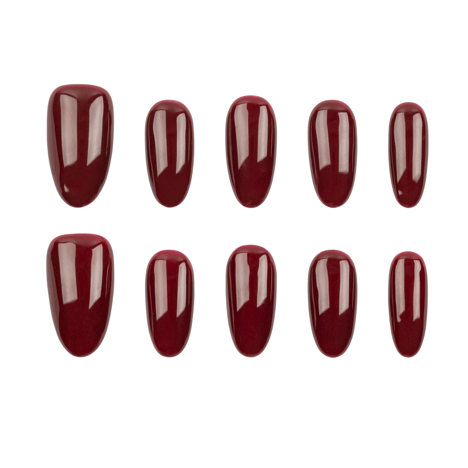 Ten glossy dark red press-on nails arranged in two rows on a plain white background.