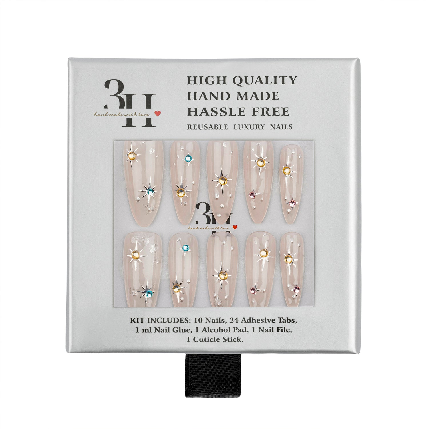 A 3H brand press-on nail kit in its original white packaging, featuring 10 long coffin-shaped nails decorated with gold, blue, and pink rhinestones. The packaging text highlights 'High Quality Hand Made Hassle Free Reusable Luxury Nails'.