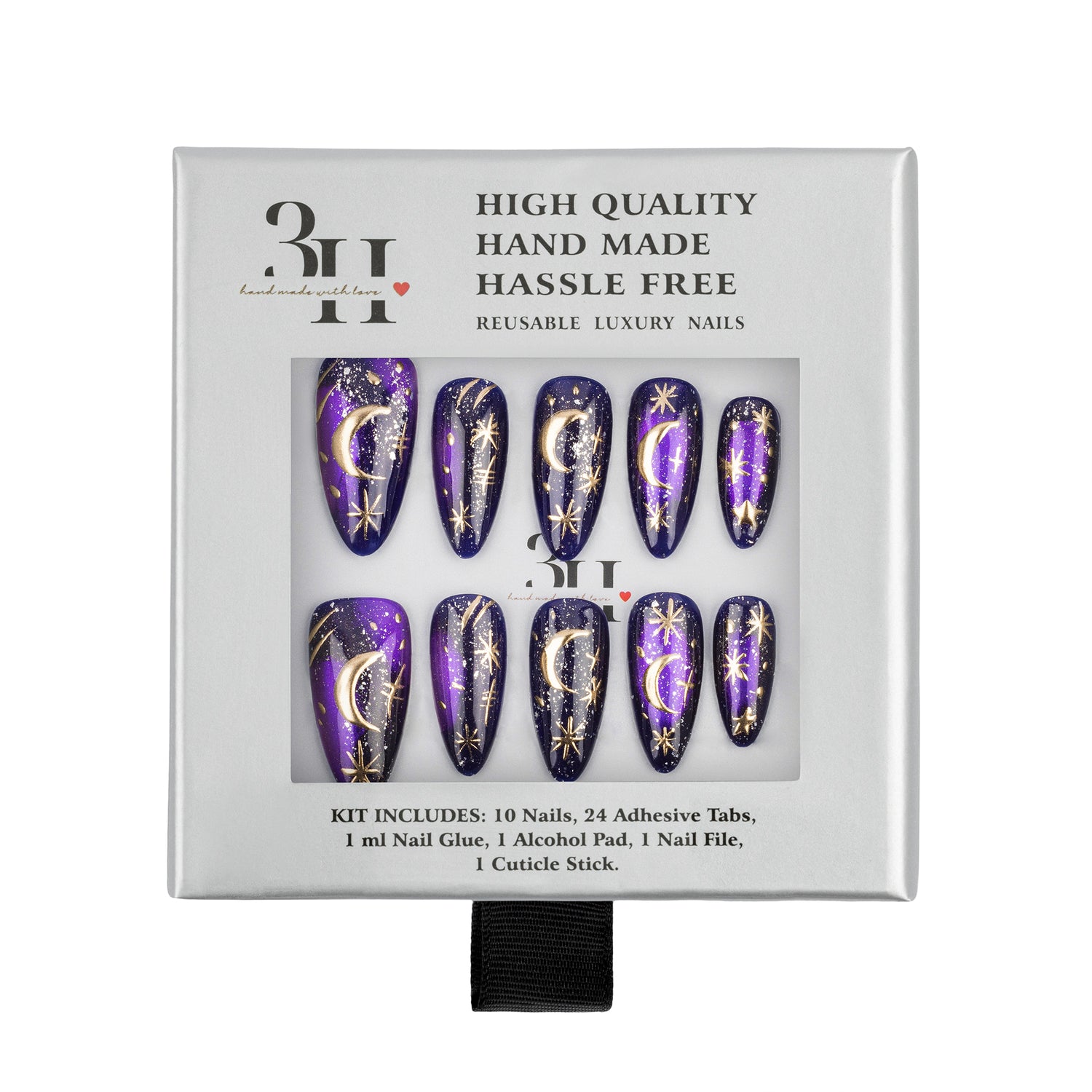 A 10-piece set of reusable press-on nails in a silver retail box. The nails are deep purple with metallic gold celestial designs of crescent moons and stars.