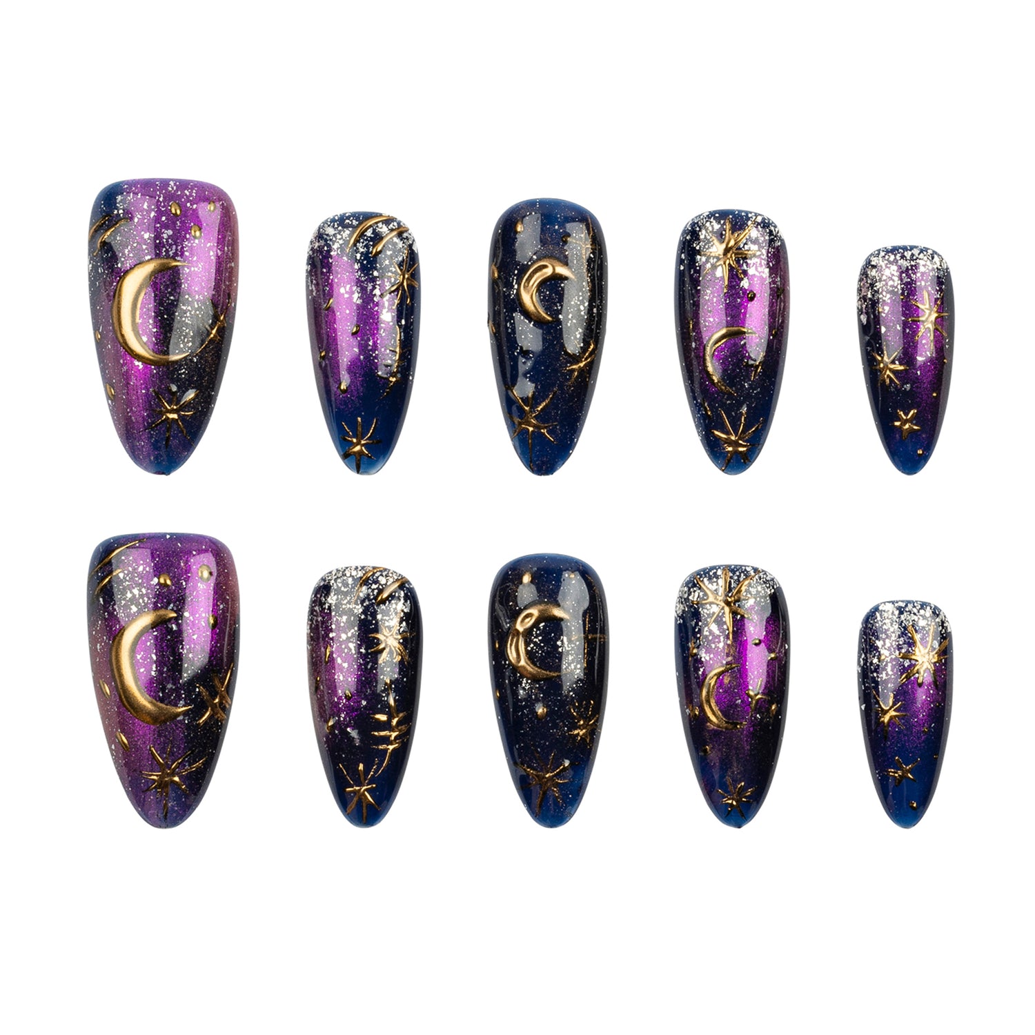 Ten almond-shaped press-on nails arranged in two rows of five on a plain white background. The nails feature a cosmic design with a purple-to-blue gradient, glitter, and gold celestial motifs including crescent moons and stars.