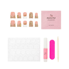 Nail art kit with pink and white false nails, a pink alcohol pad packet, a white nail stamping plate, a pink nail file, a pink nail glue tube, and a wooden cuticle stick on a white background.