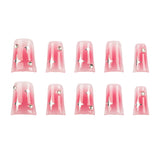 Ten pink press-on nails arranged in two rows of five on a plain white background. Each nail has a glossy vertical pink gradient design with a small metallic star detail and a silver rhinestone accent.