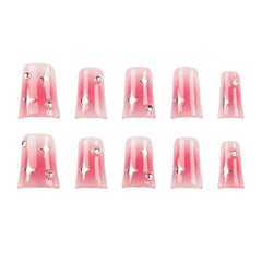 Ten pink press-on nails arranged in two rows of five on a plain white background. Each nail has a glossy vertical pink gradient design with a small metallic star detail and a silver rhinestone accent.