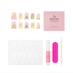 Nail art kit with 12 false nails, a pink alcohol pad, adhesive tabs, a pink nail file, a wooden stick, and a pink nail glue tube on a white background.