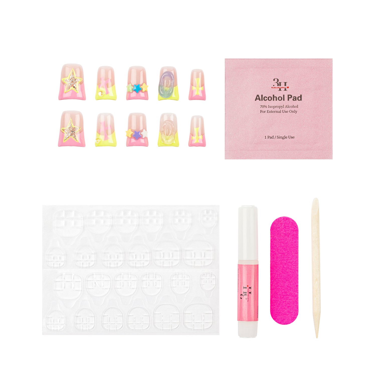 3H Nails luxury handmade press-on Y2K duck nail kandi with colorful, decorative nail art on natural nails.