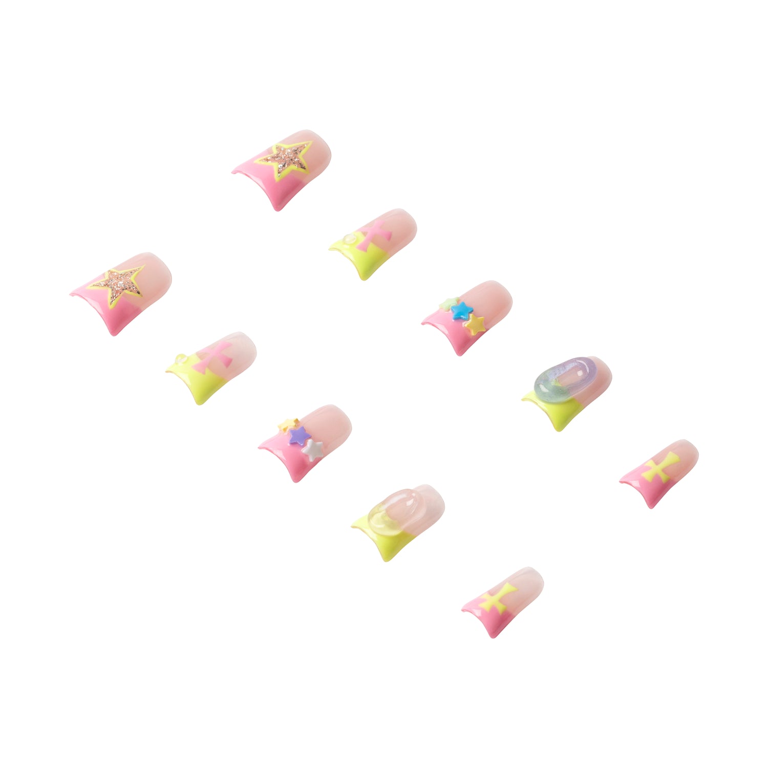 Handmade 3H Nails Y2K Duck Nail Kandi press-on nails with colorful, decorative designs on a natural nail surface.
