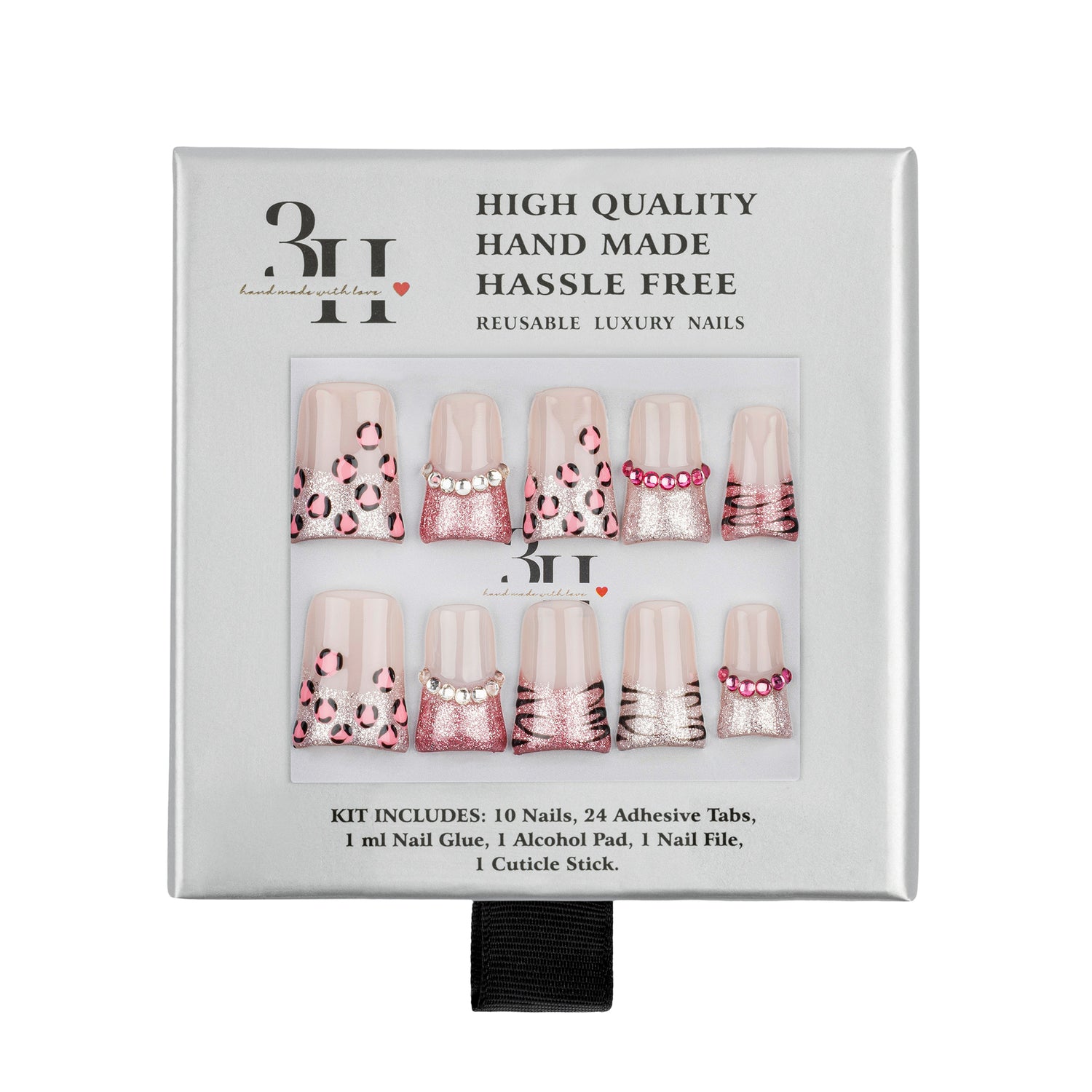 A 10-piece press-on nail kit in its original gray packaging, featuring leopard print, pink zebra and glittery pink designs on the nails.