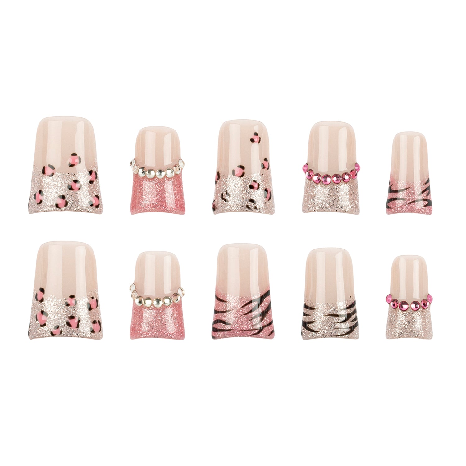 Ten false press-on nails arranged in two rows of five on a plain white background. The nails feature a glossy nude-pink base with glittery pink sections, leopard print spots, zebra stripes, and small pearl-like bead accents.