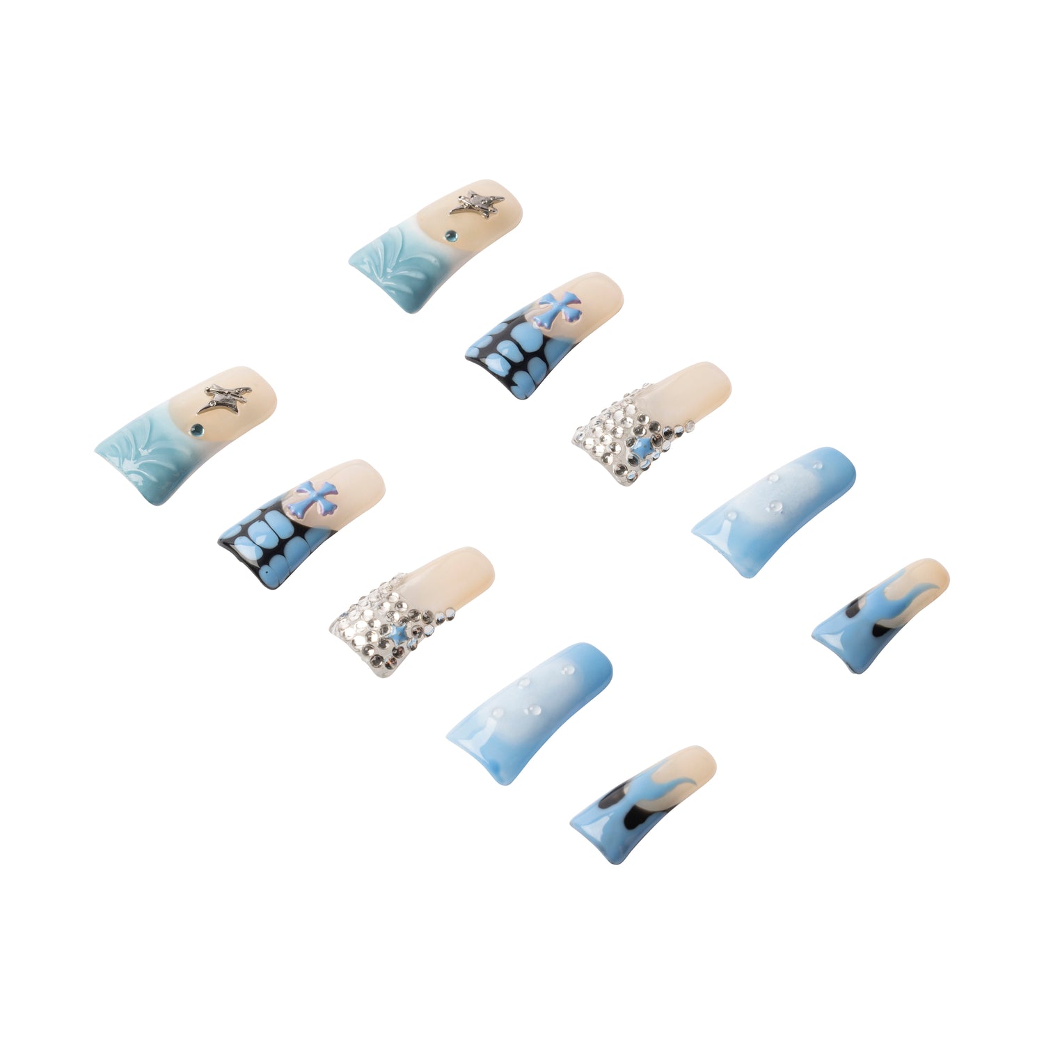 Handmade press-on nails by 3H Nails featuring Y2K duck drippy design in vibrant colors, display on a neutral background.