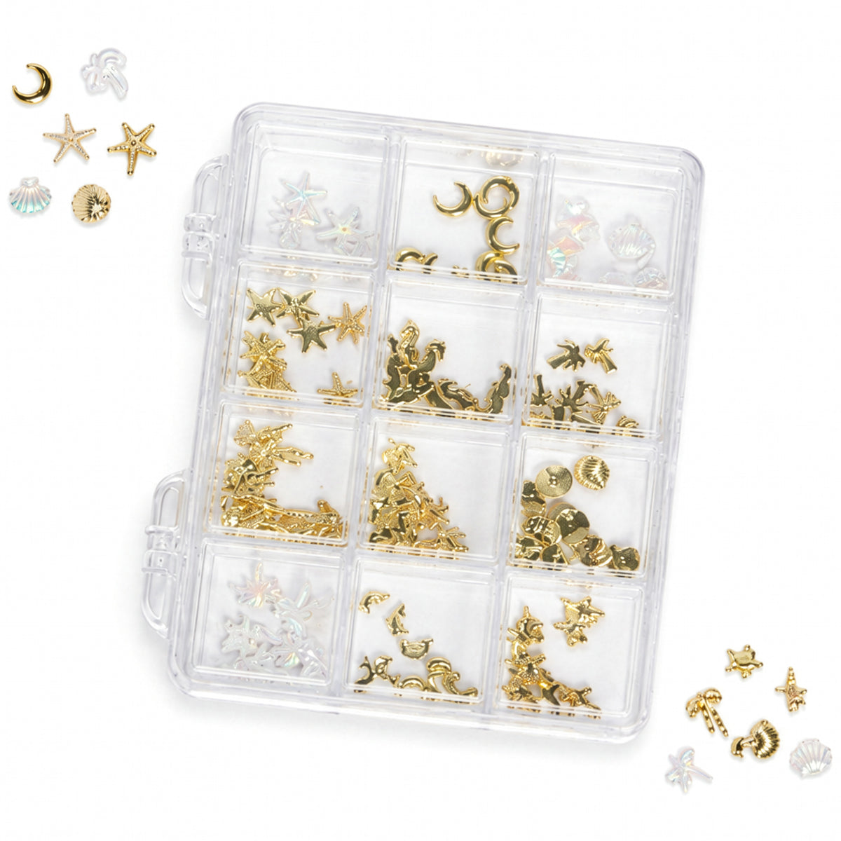 Assorted Ocean Starlight nail charms in a case, featuring over 120 colorful decorative nail embellishments by 3H Nails.