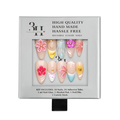 Miami medium almond press-on nails by 3H Nails, featuring a nude base with pink florals, bright yellow and aqua French tips, and metallic accents, displayed in 3H Nails packaging.
