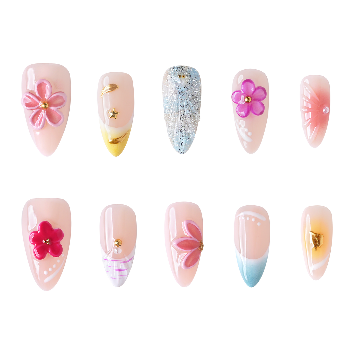 Miami medium almond press-on nails by 3H Nails, featuring a nude base with pink florals, bright yellow and aqua French tips, and metallic accents.