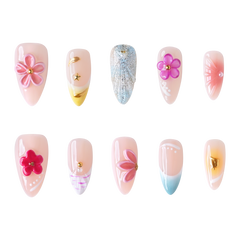 Miami medium almond press-on nails by 3H Nails, featuring a nude base with pink florals, bright yellow and aqua French tips, and metallic accents.