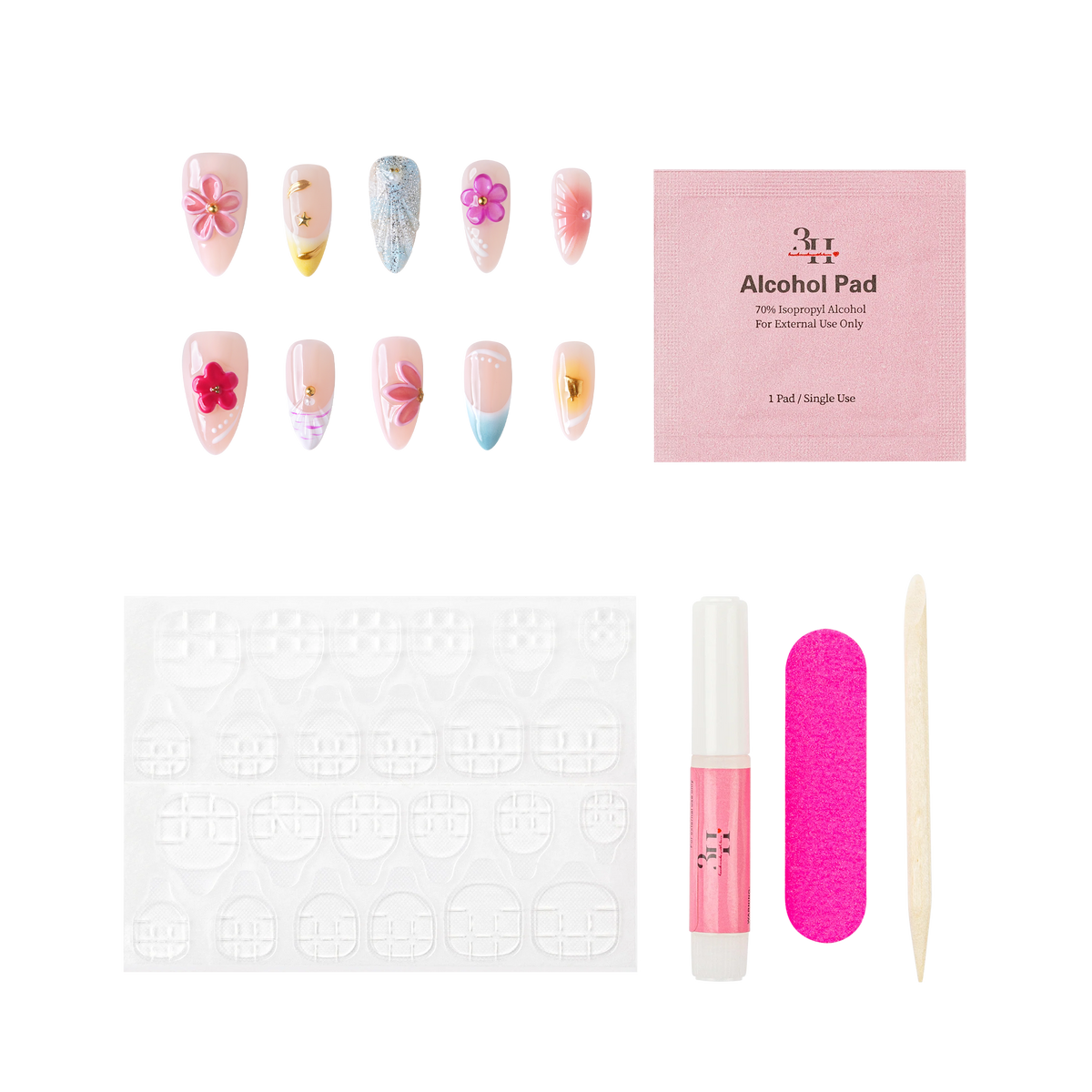 Miami medium almond press-on nails by 3H Nails, featuring a nude base with pink florals, bright yellow and aqua French tips, and metallic accents, shown with the included application kit.