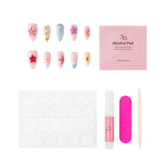 Miami medium almond press-on nails by 3H Nails, featuring a nude base with pink florals, bright yellow and aqua French tips, and metallic accents, shown with the included application kit.