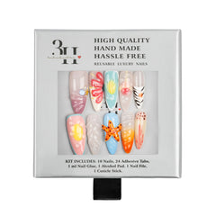 A 10-piece press-on nail kit in its original packaging, featuring multicolor pastel and orange designs on the nails, with 24 adhesive tabs, 1 ml nail glue, 1 alcohol pad, 1 nail file, and 1 cuticle stick inside a white box.