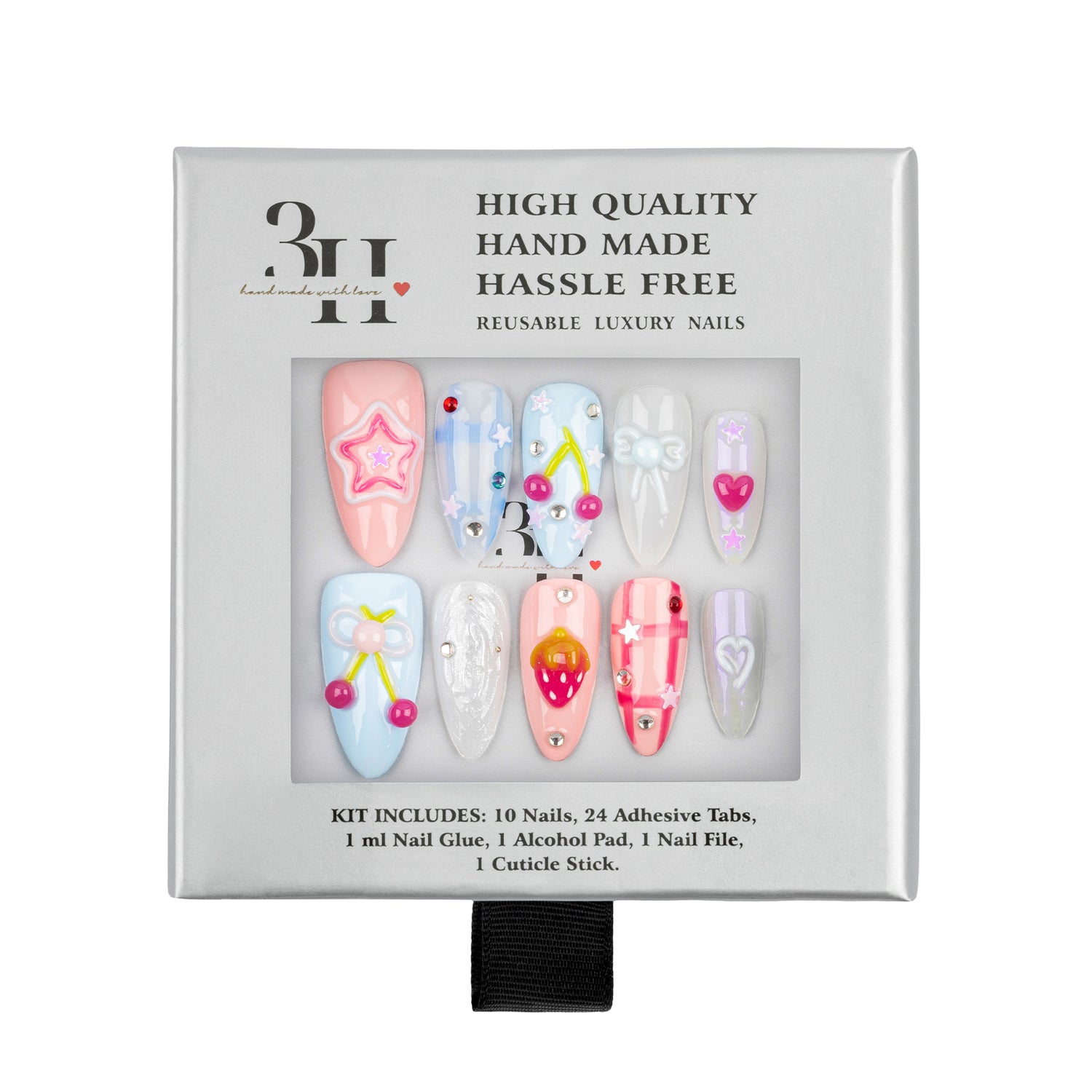 A boxed set of decorative press-on nails in a gray retail package. The front window shows ten almond-shaped nails in pastel colors with floral, bow, and heart designs.