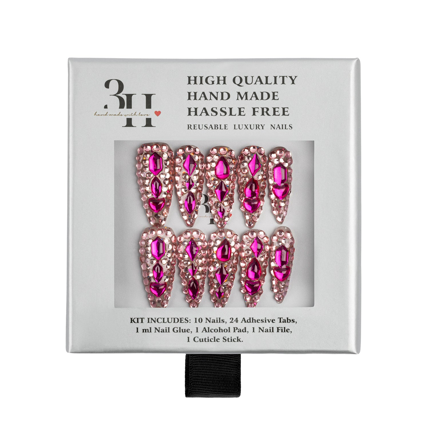 A 10-piece set of reusable press-on nails in a silver-gray retail box. The nails feature a metallic rose gold base adorned with large, faceted hot pink rhinestones.