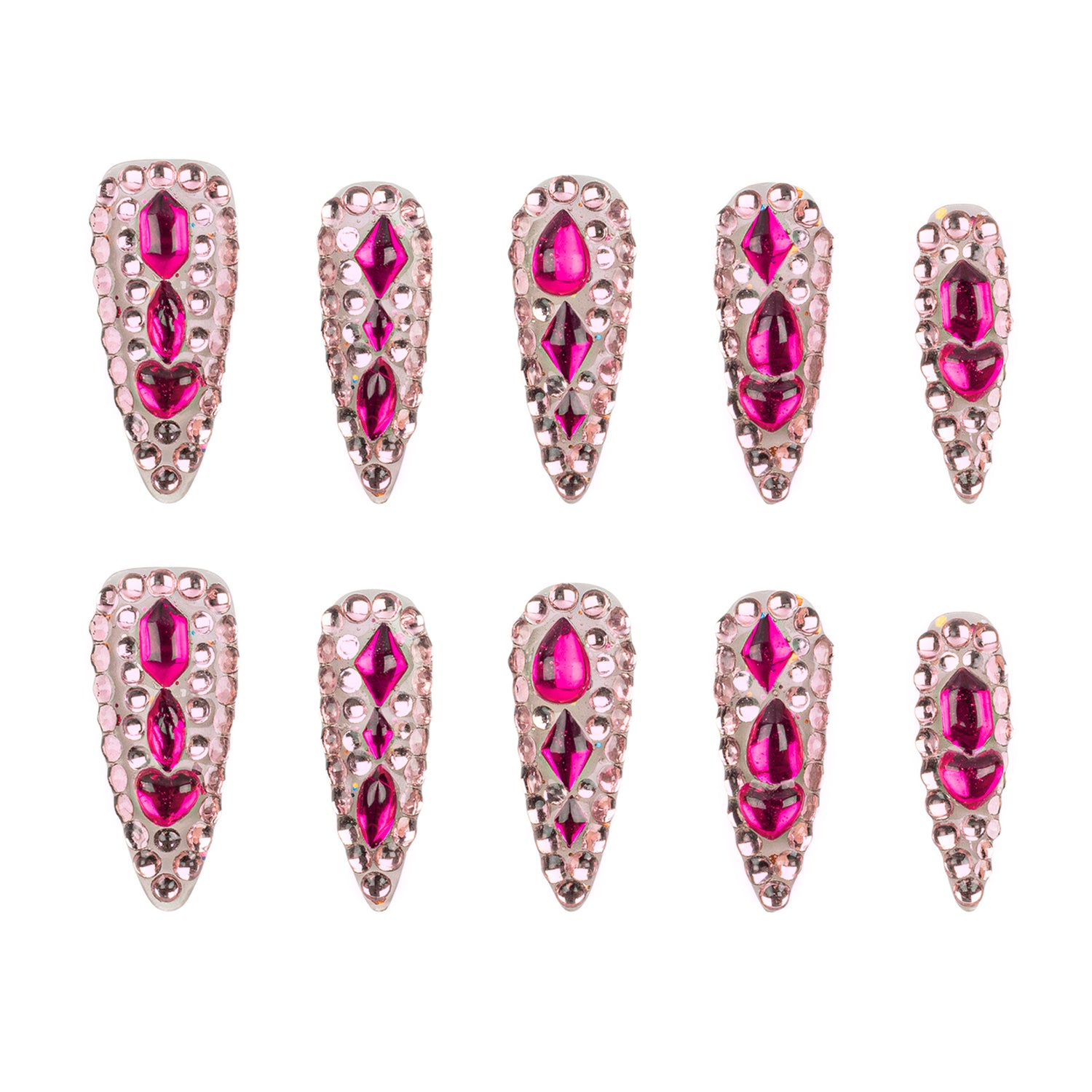 Ten stiletto-shaped false nails with bright pink gemstones and silver rhinestone borders, arranged in two rows of five on a white background.