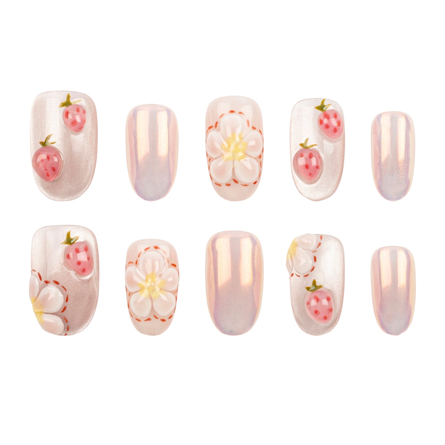 Ten press-on nails arranged in two rows of five on a plain white background. The nails feature a glossy pale pink base with various floral and strawberry designs, including white blossoms with yellow centers and pink strawberries with green leaves.
