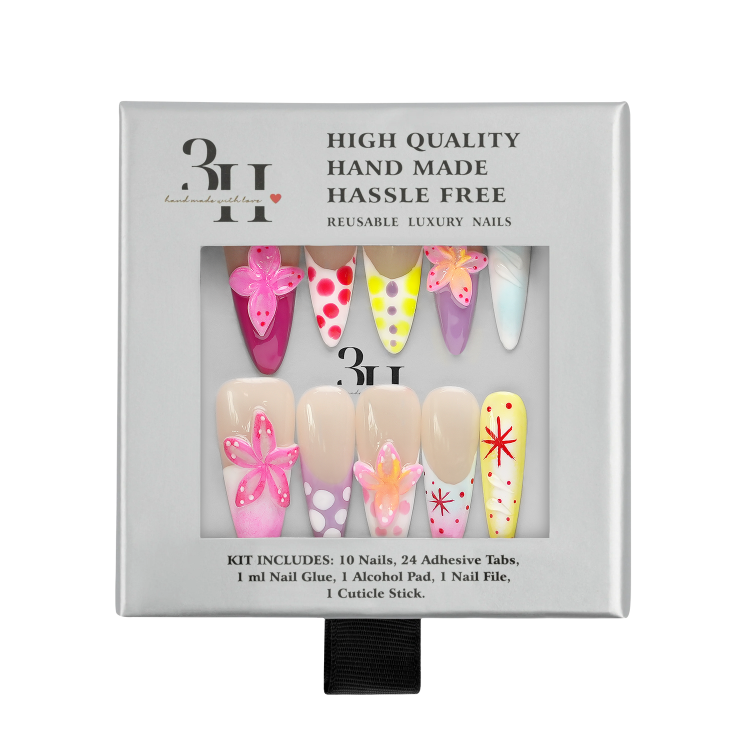A 3H brand press-on nail kit in its original packaging, featuring 10 decorative press-on nails with pink, yellow, red, and white designs, alongside 24 adhesive tabs and accessories.