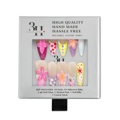 A 3H brand press-on nail kit in its original packaging, featuring 10 decorative press-on nails with pink, yellow, red, and white designs, alongside 24 adhesive tabs and accessories.