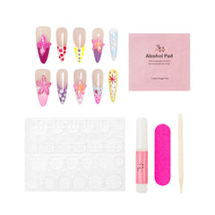 Handmade press-on nails in a garden flutter design by 3H Nails, showcasing a delicate floral pattern on natural nail tips.