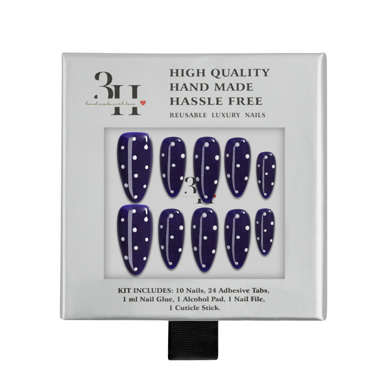 Handmade press-on nails in Naughtical design by 3H Nails, displayed in the 3H Luxury collection box.