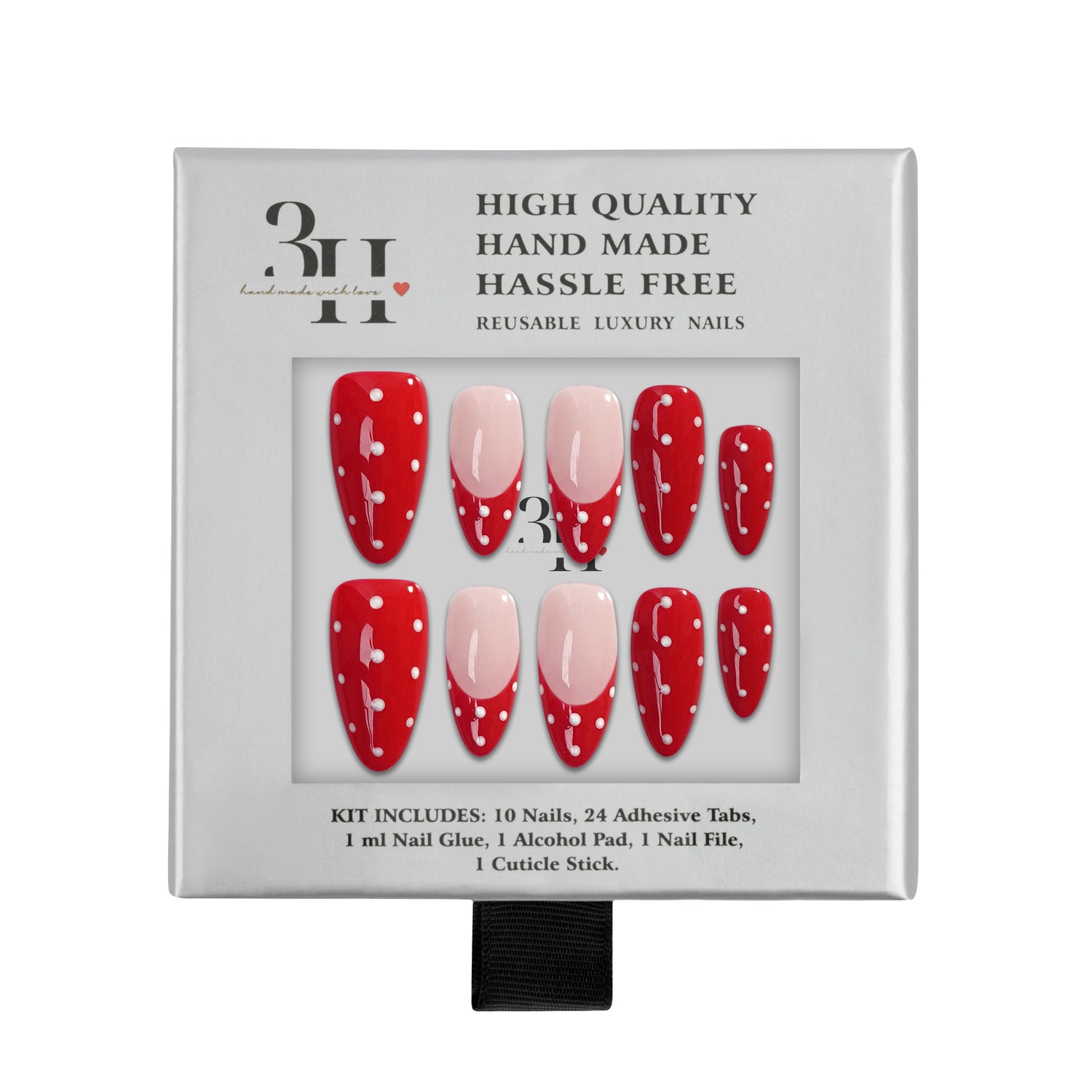Handmade 3H Nails luxury press-on nails in Cheeky style displayed in a box, showcasing elegant nail designs and natural finish.