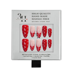 Handmade 3H Nails luxury press-on nails in Cheeky style displayed in a box, showcasing elegant nail designs and natural finish.