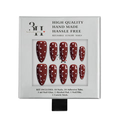 Handmade 3H Nails Latte Dots press-on nails in a box, showcasing the stylish nail design and natural finish.