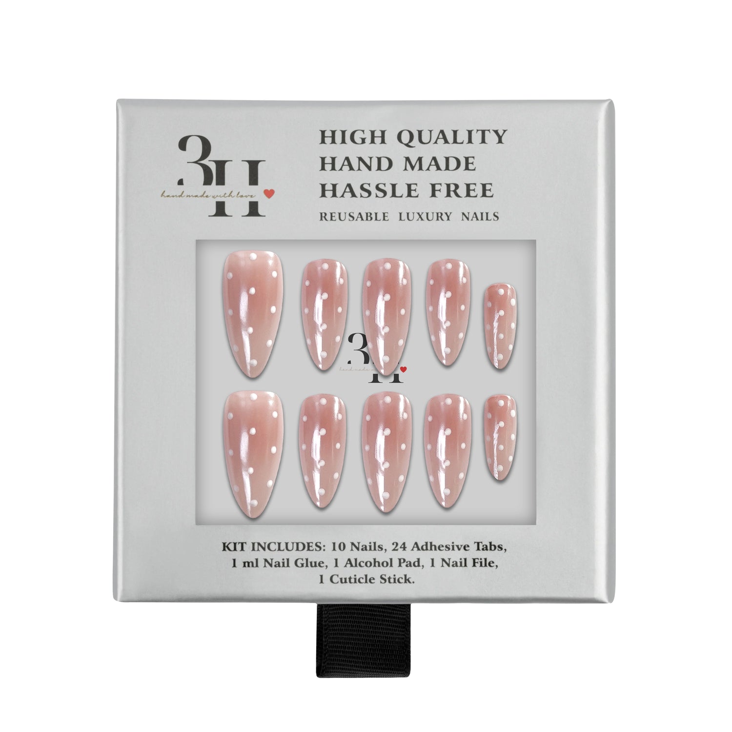 Handmade Sunkissed 3H Luxury Press-on Nails in a box, showcasing natural peach and nude nail designs by 3H Nails.
