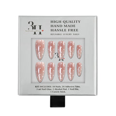 Handmade Sunkissed 3H Luxury Press-on Nails in a box, showcasing natural peach and nude nail designs by 3H Nails.