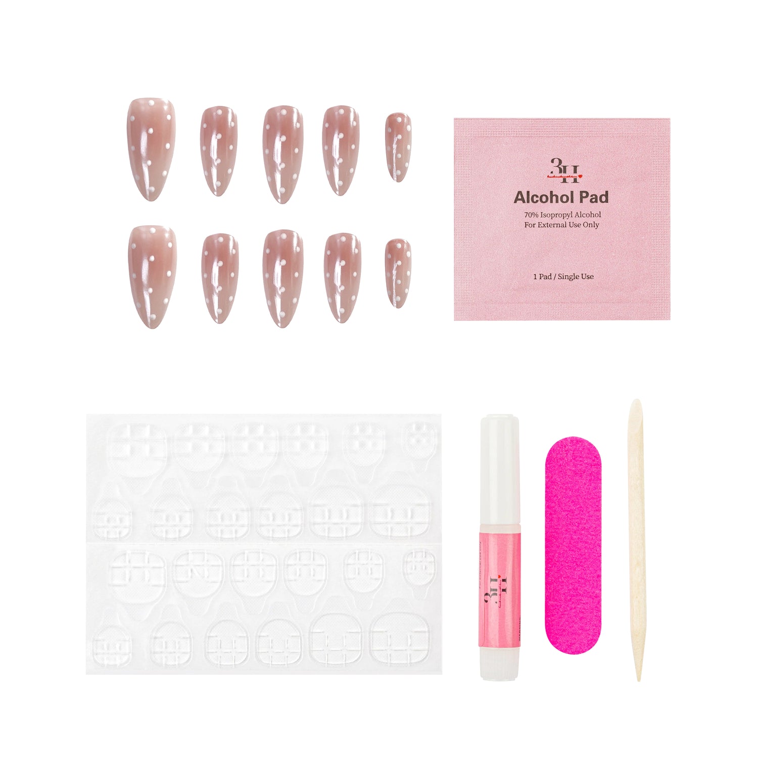 Handmade Sunkissed press-on nails in a natural nude color, displayed on a neutral background with the 3H Nails branding.