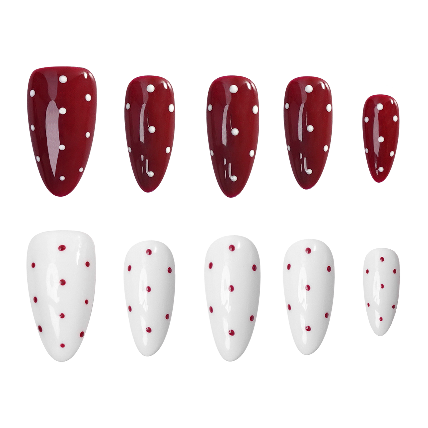 Ten artificial press-on nails arranged in two rows of five on a plain white background. The top row consists of glossy deep red almond-shaped nails with white polka dots, and the bottom row consists of glossy white almond-shaped nails with small red polka dots.