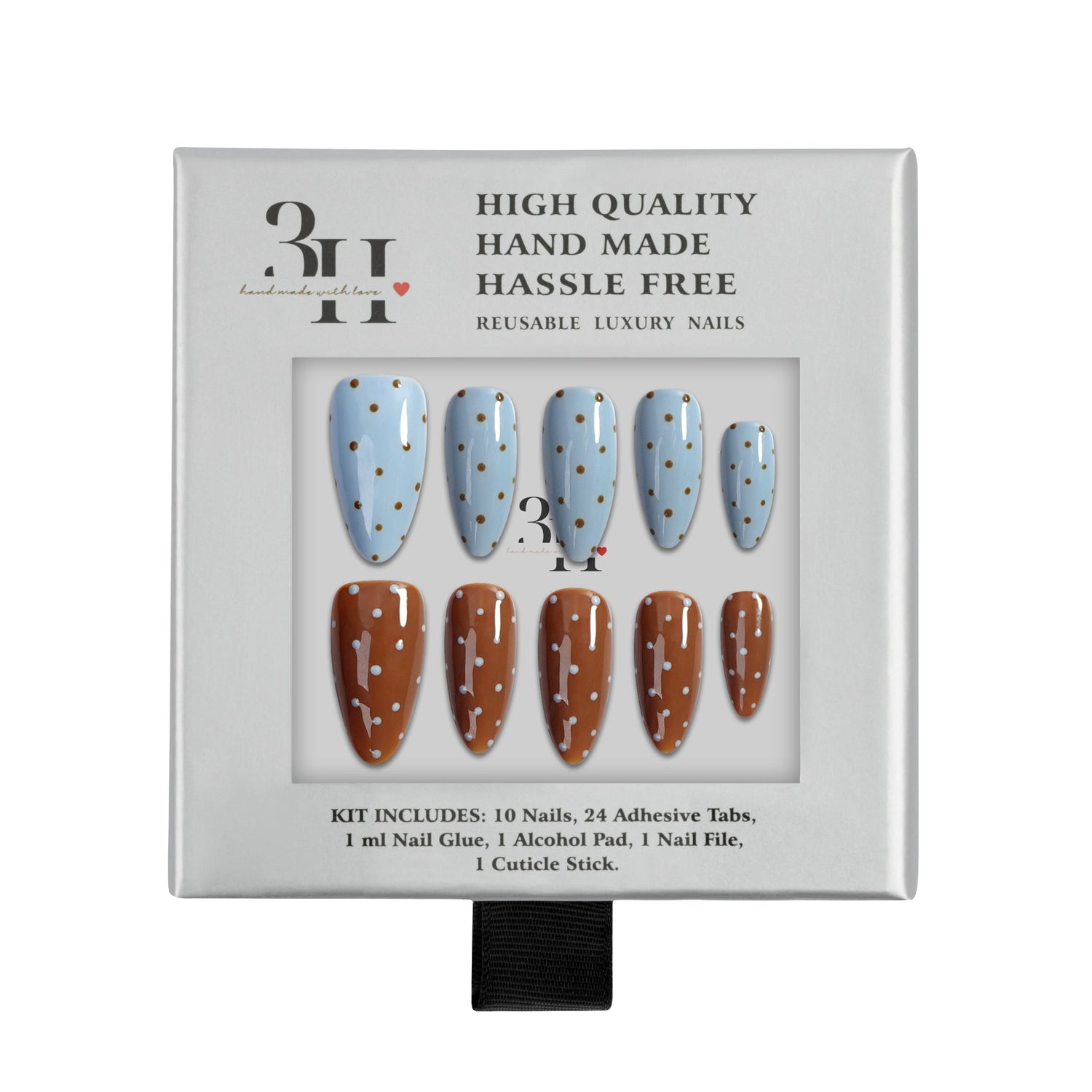Handmade 3H Nails luxury press-on nails in Pebbles design, showing a set of elegant, natural-looking nail tips in a box.