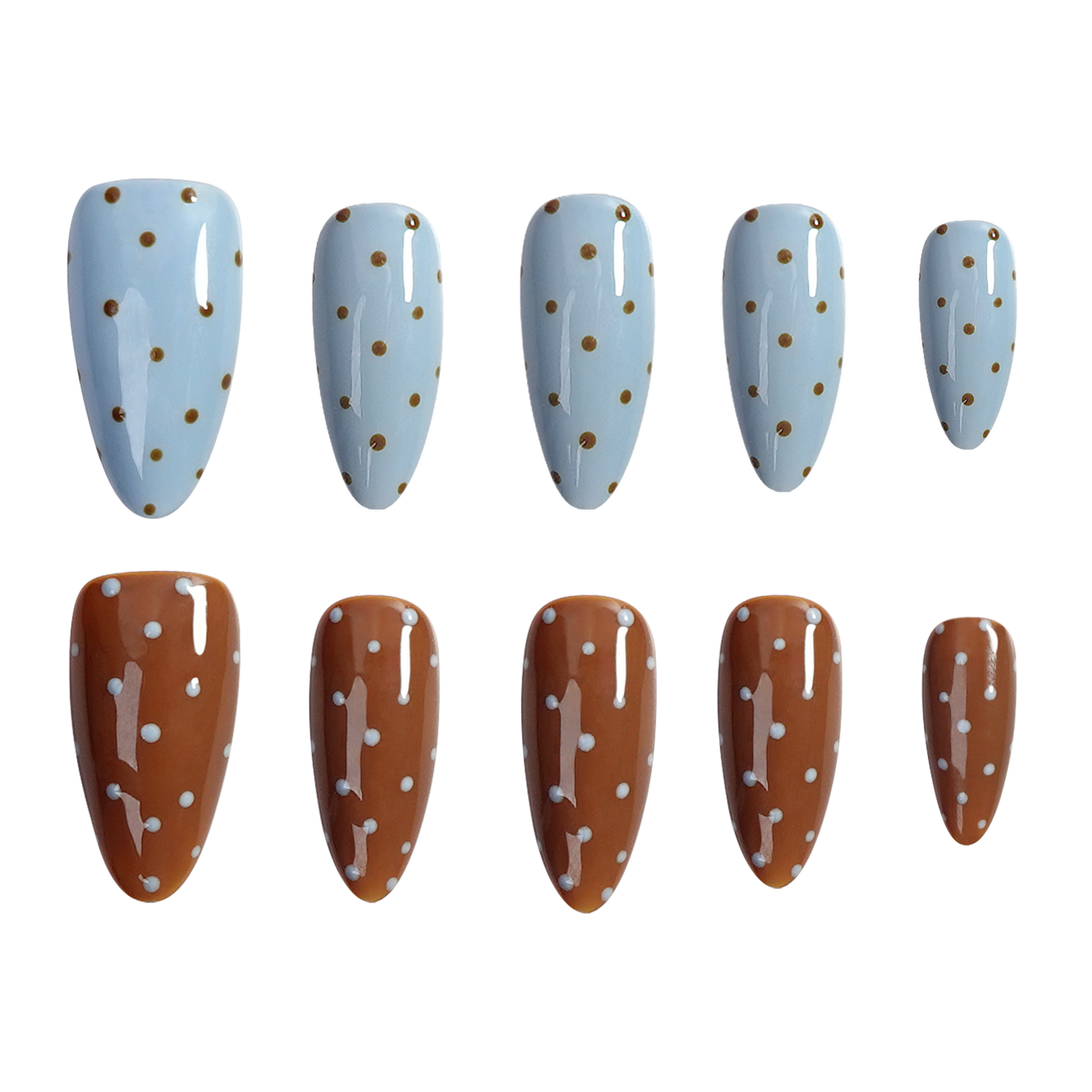 Ten artificial press-on nails arranged in two rows of five on a plain white background. The top row features almond-shaped nails with a light blue base and small gold polka dots.