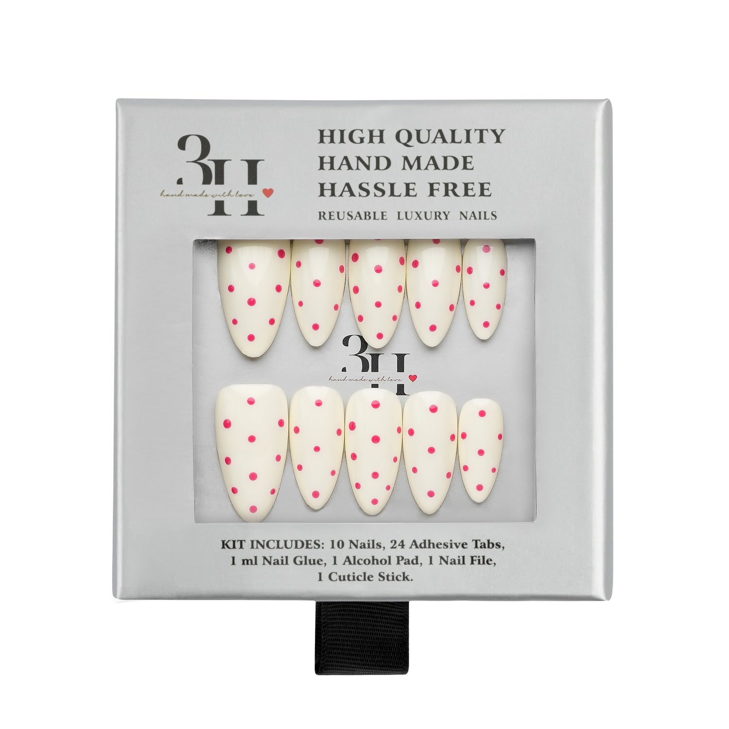 Handmade press-on nails by 3H Nails featuring a vibrant flamingo pop design on a white background.