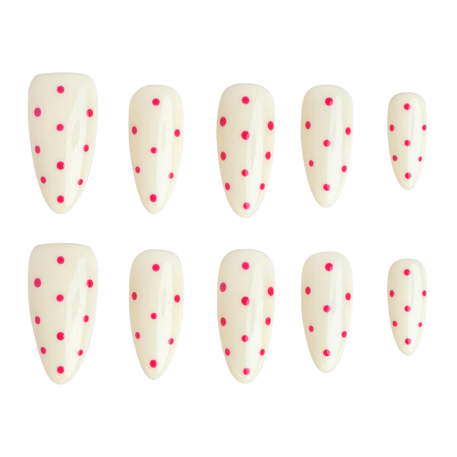 Ten false press-on nails arranged in two rows of five on a plain white background. The nails are glossy off-white with small bright pink polka dots scattered across the surface.